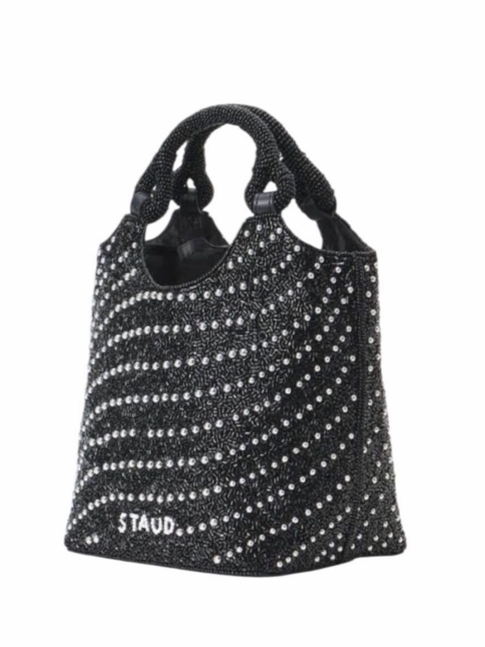 STAUD Black Beaded Mini Tote with Crystal Accents
